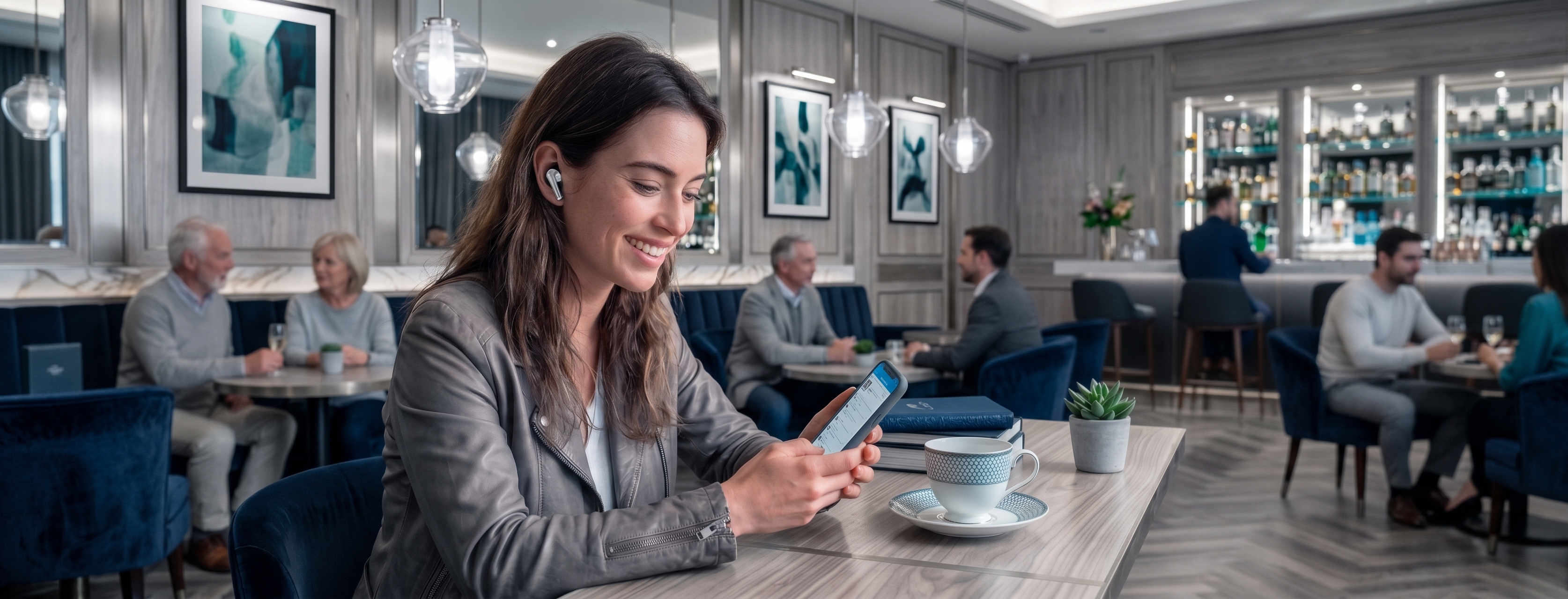 Cliente souriante consultant son mobile dans un salon, assistée en temps réel par l'agent IA Kimiadesk